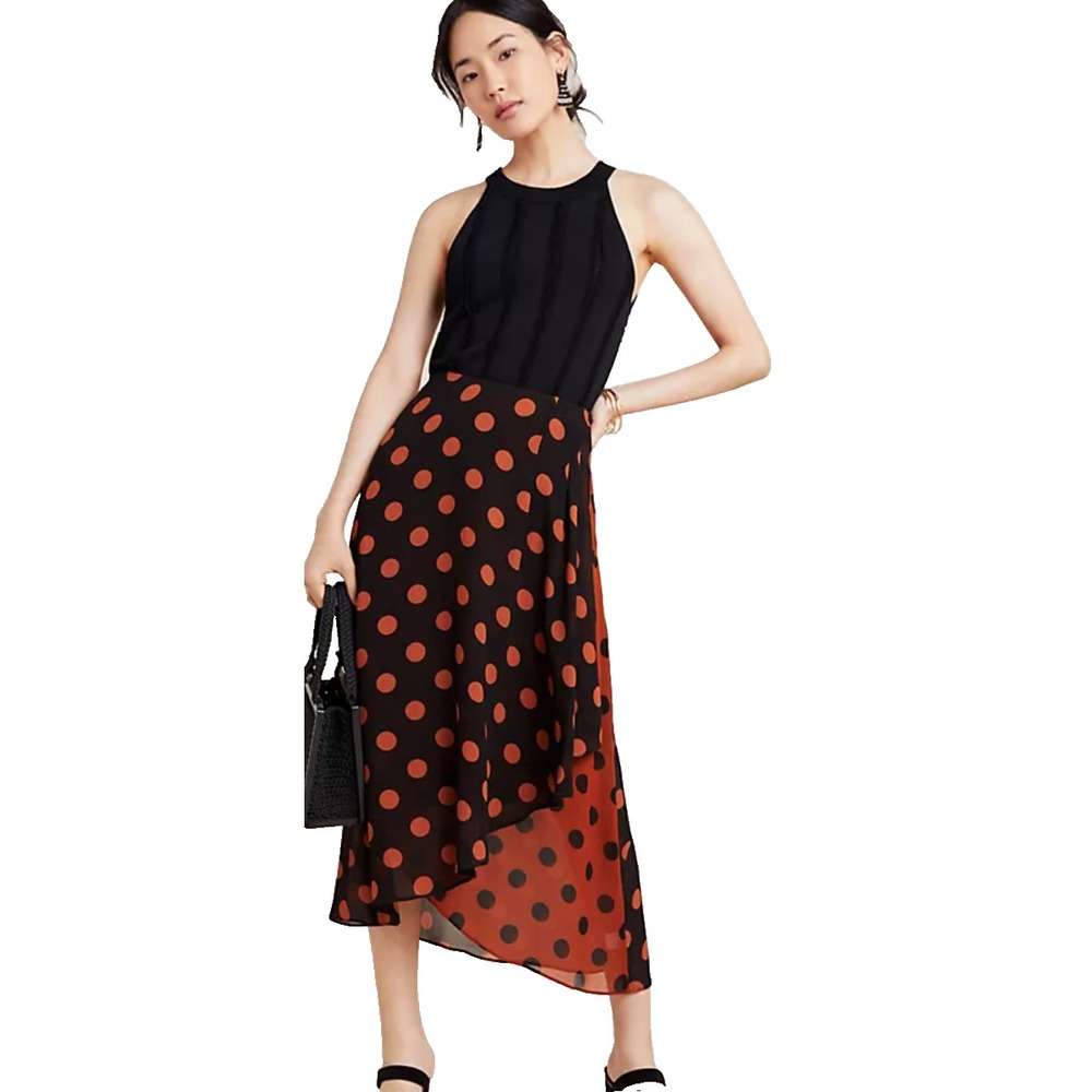 Maeve Anthropologie Oksana Midi Skirt Black Brown Polka Dot Swing Tulip Small